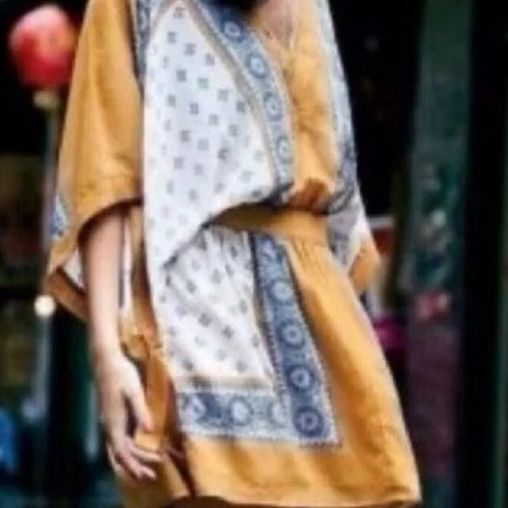 Free People Womens XS Santa Cruz Boho Kimono Mini Dress Mustard Yellow Blue - Picture 3 of 4